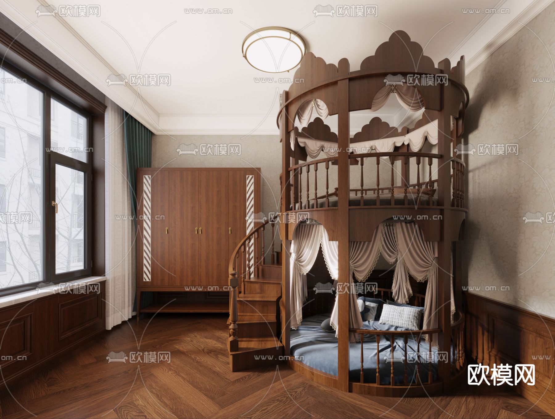 欧式圆床 上下床3d模型下载