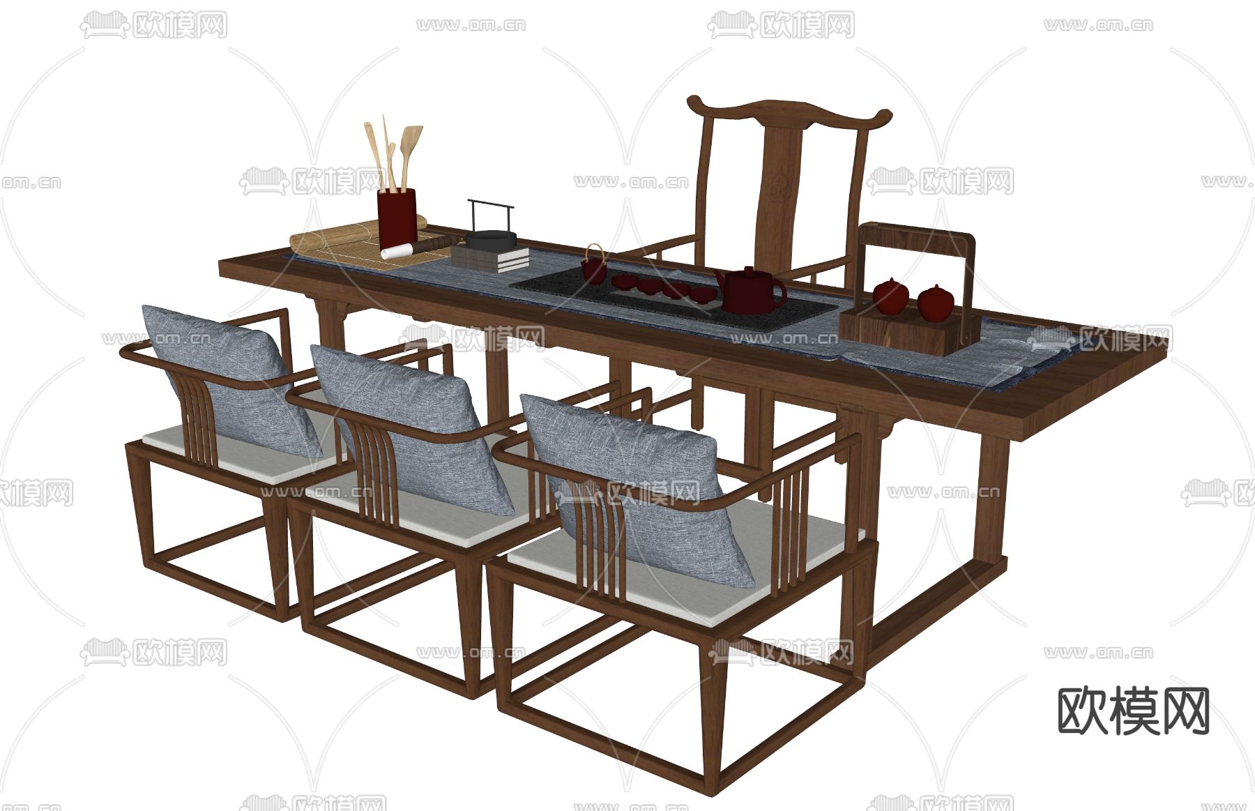 新中式茶桌 茶台su模型下载（渲染图2）