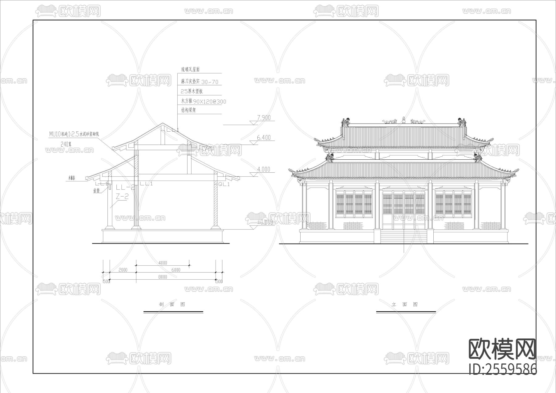 重檐歇山顶建筑CAD施工图下载（渲染图3）