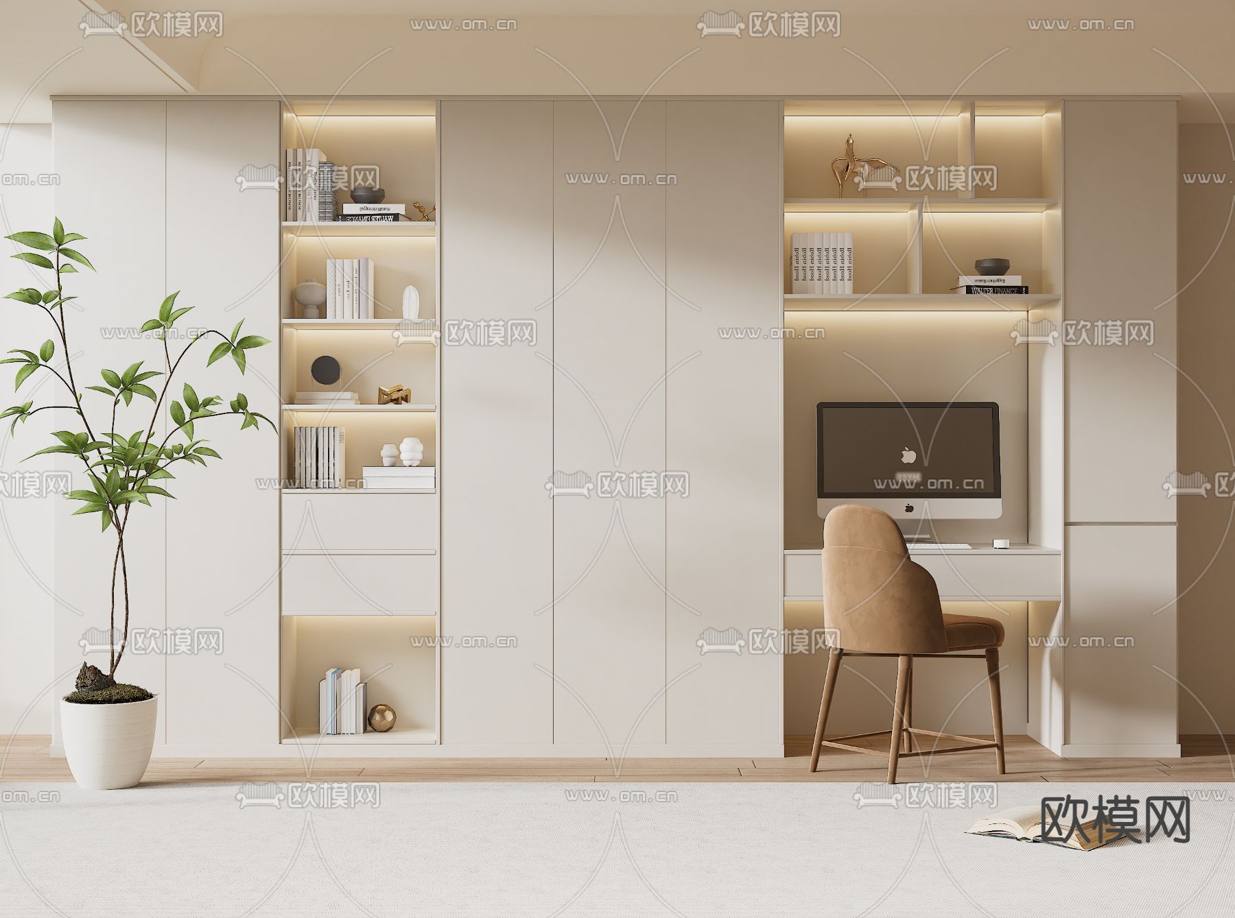 奶油风书柜 书桌3d模型下载