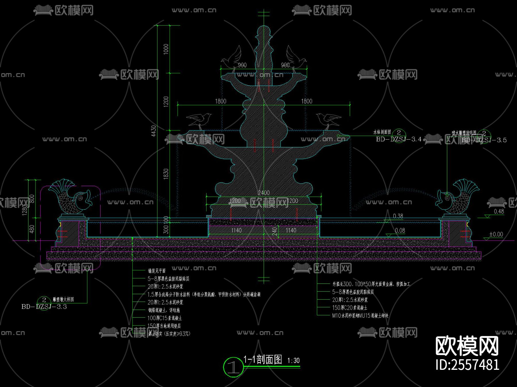 欧式花钵水景金鱼喷水水景节点大样下载（渲染图3）