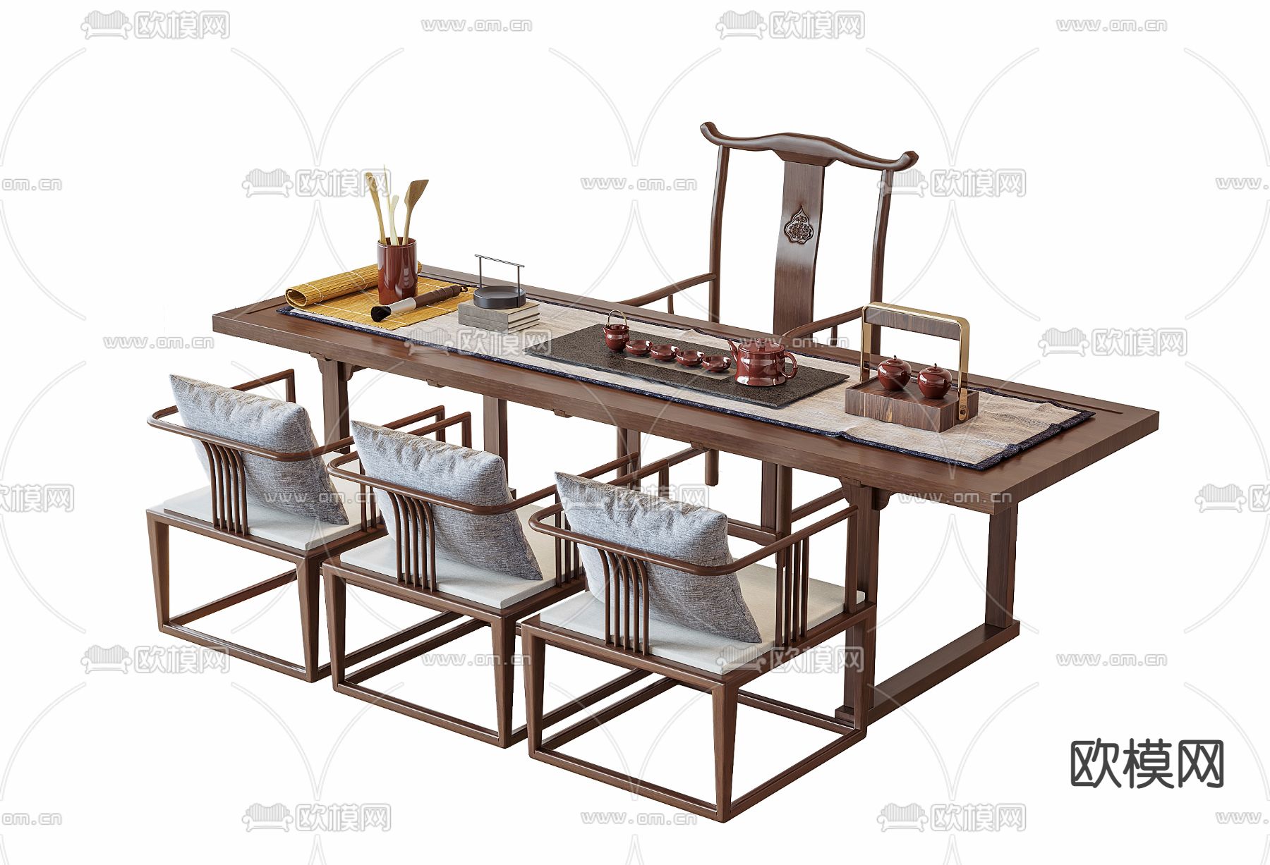 新中式茶桌 茶台su模型下载（渲染图1）