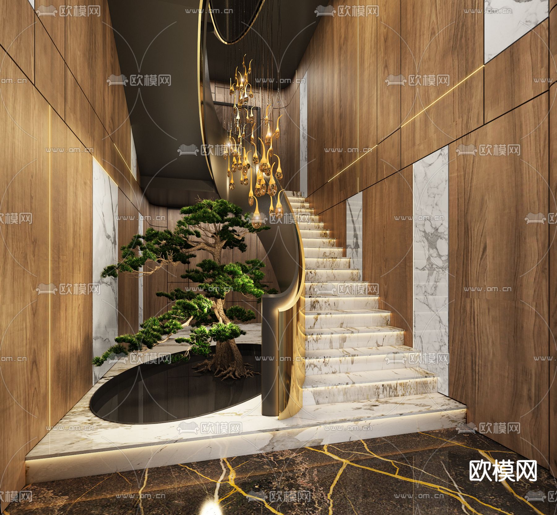 轻奢楼梯间3d模型下载（渲染图1）