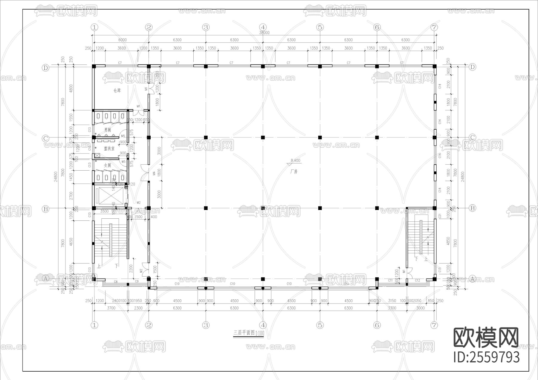 四层框架结构厂房CAD施工图下载（渲染图4）
