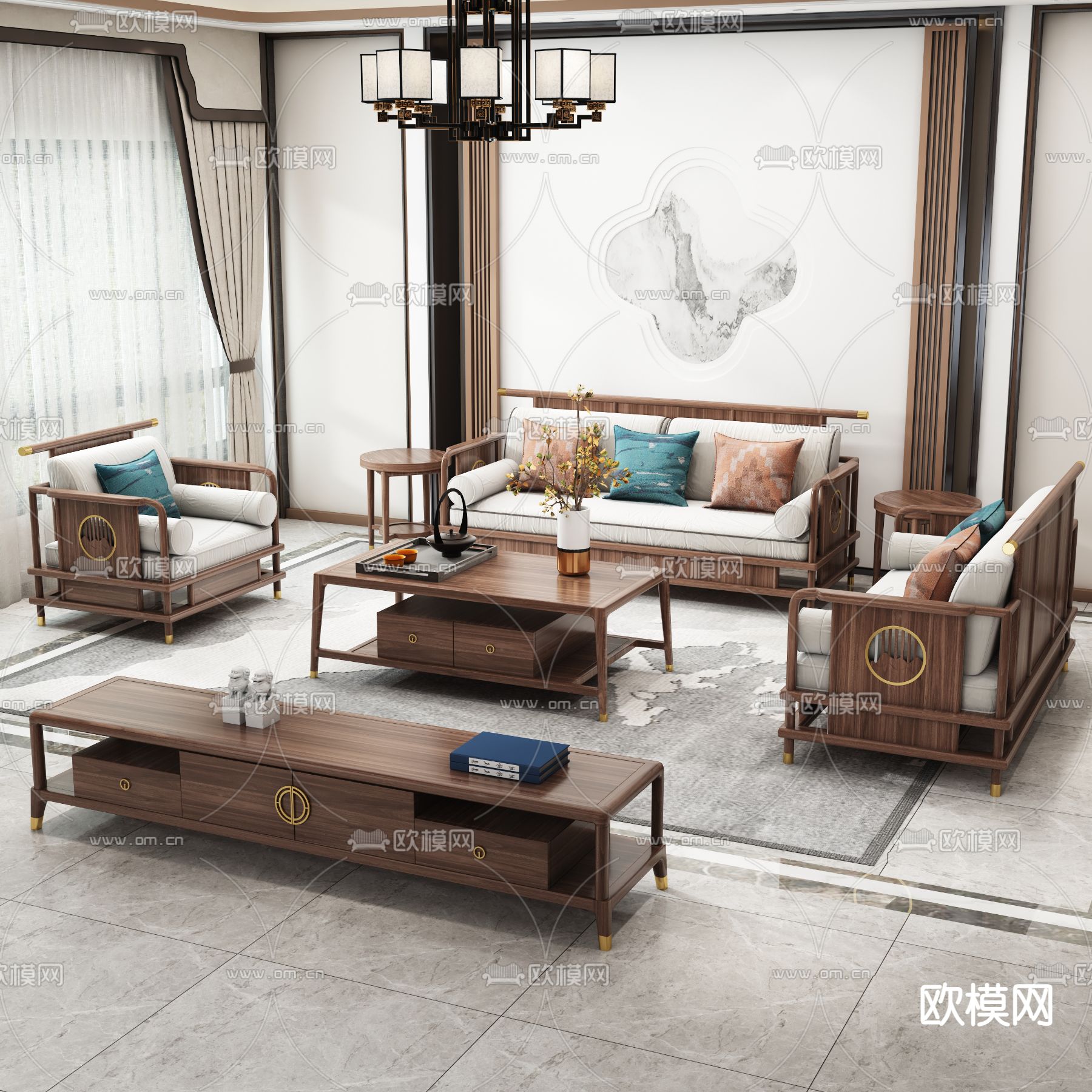 新中式组合沙发3d模型下载_ID14008148_3dmax免费模型-欧模网