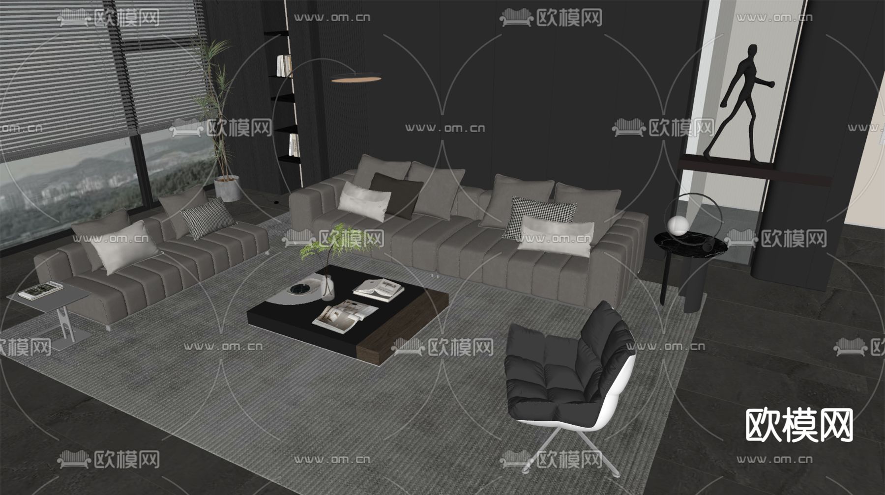 现代组合沙发su模型下载（渲染图2）