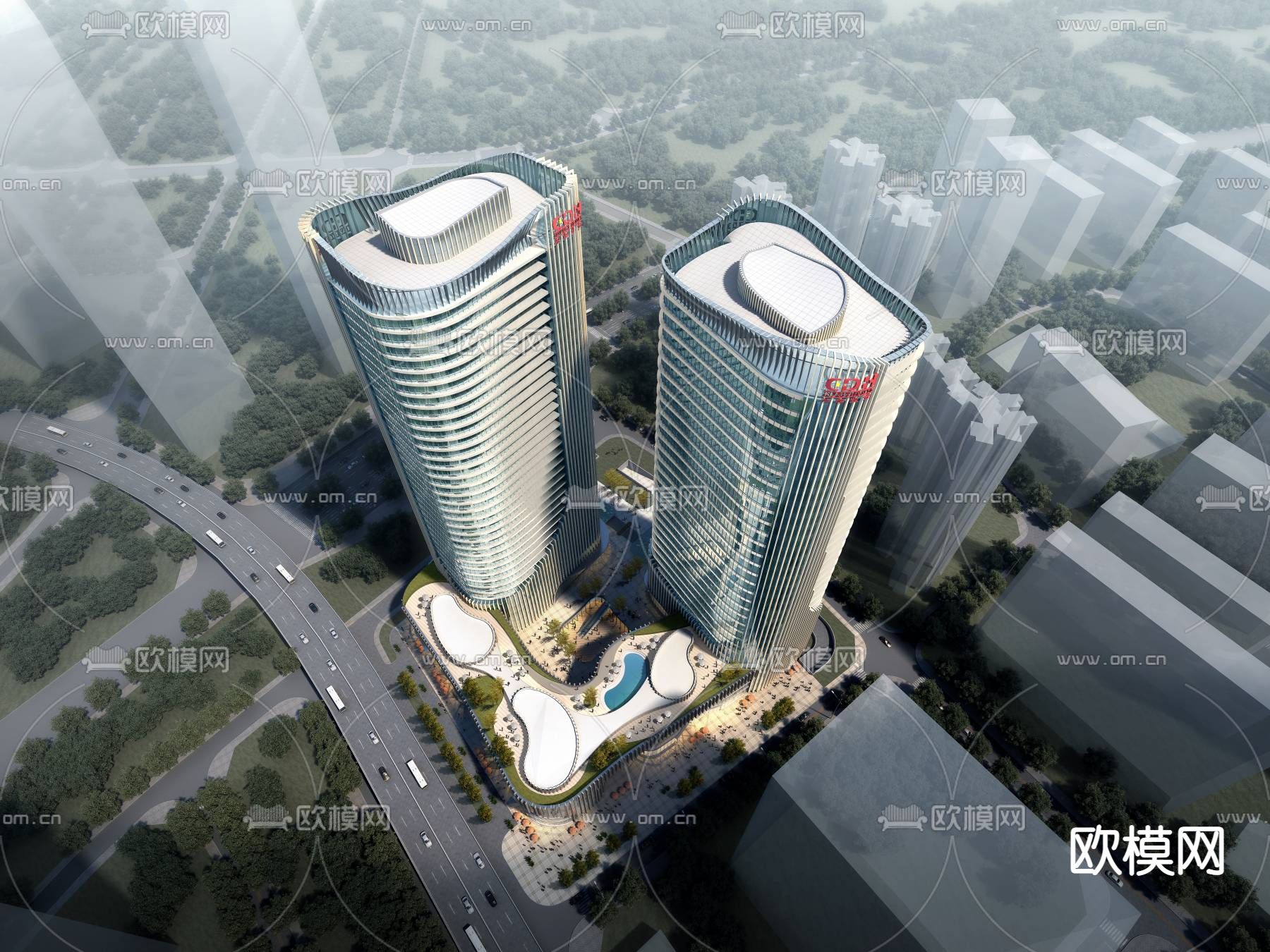 高层办公楼 鸟瞰su模型下载（渲染图1）