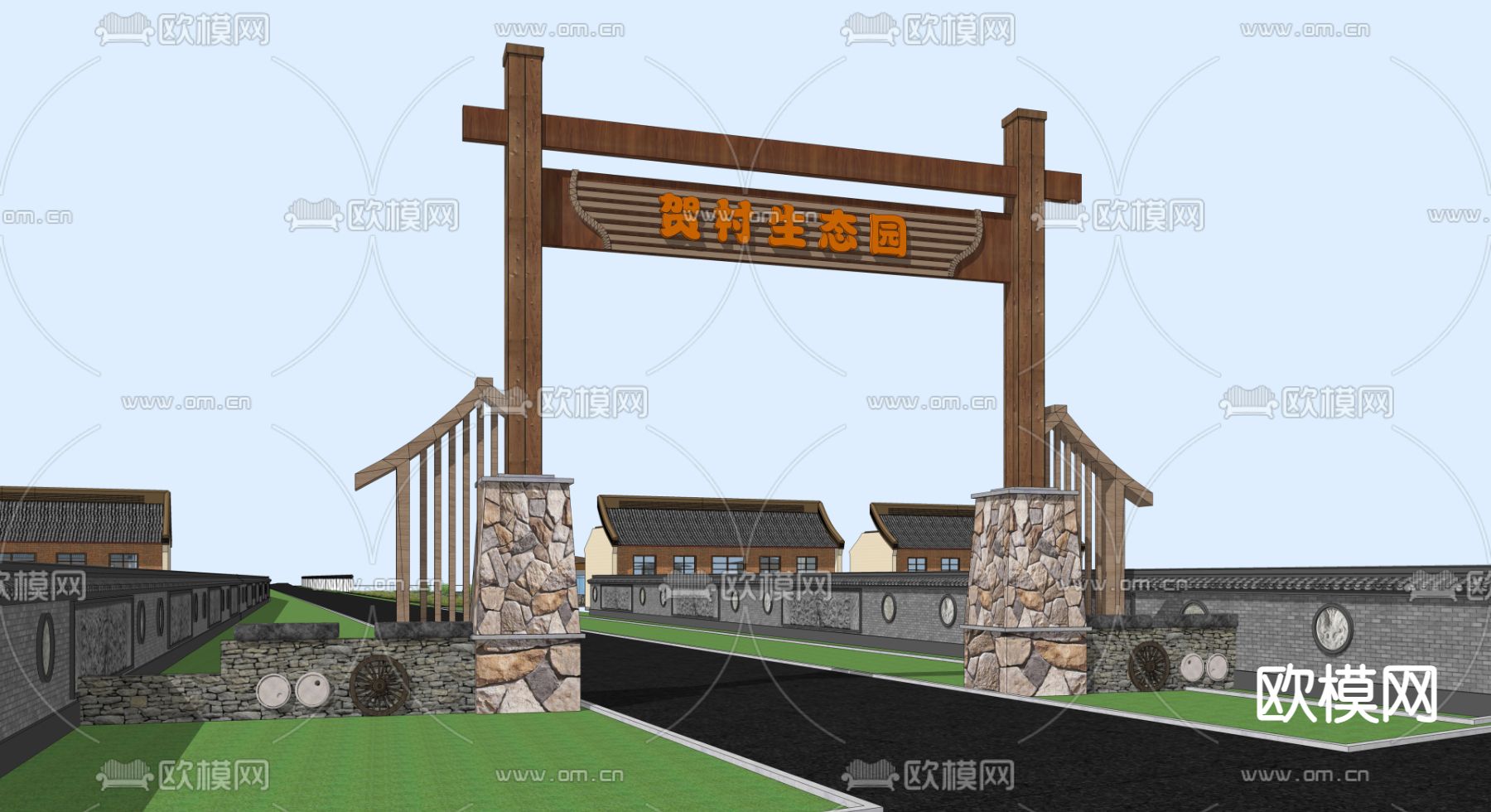 乡村景墙 大门牌坊su模型下载（渲染图4）
