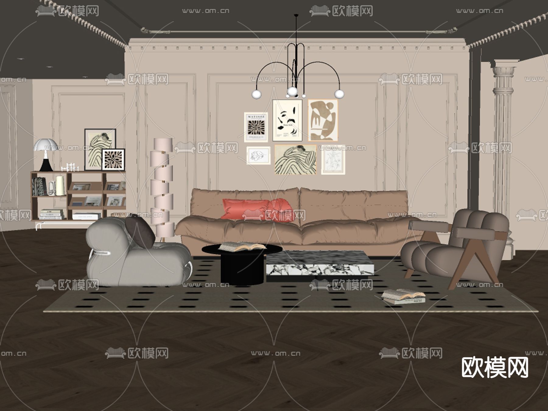 法式客厅su模型下载（渲染图2）