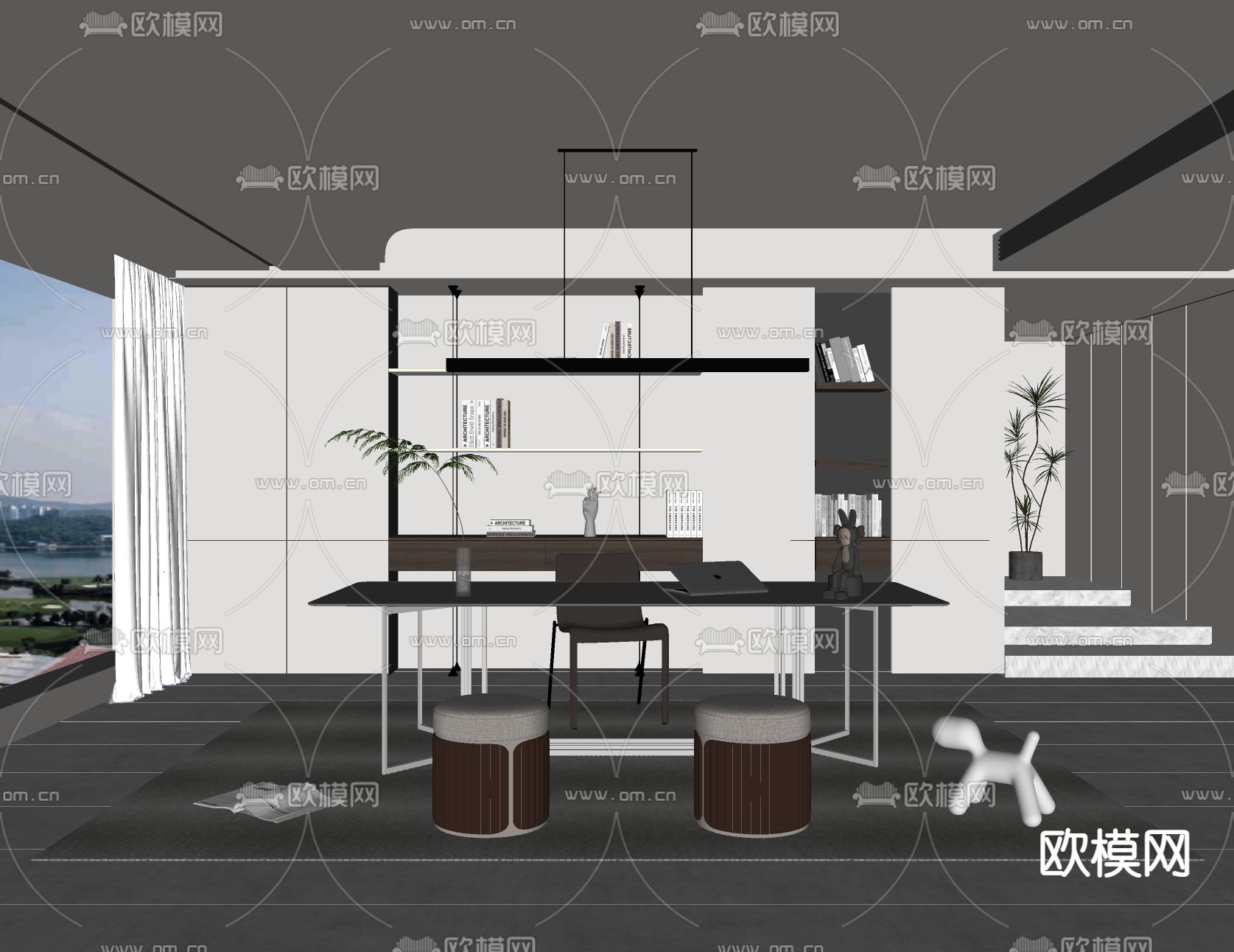 现代书房su模型下载（渲染图2）