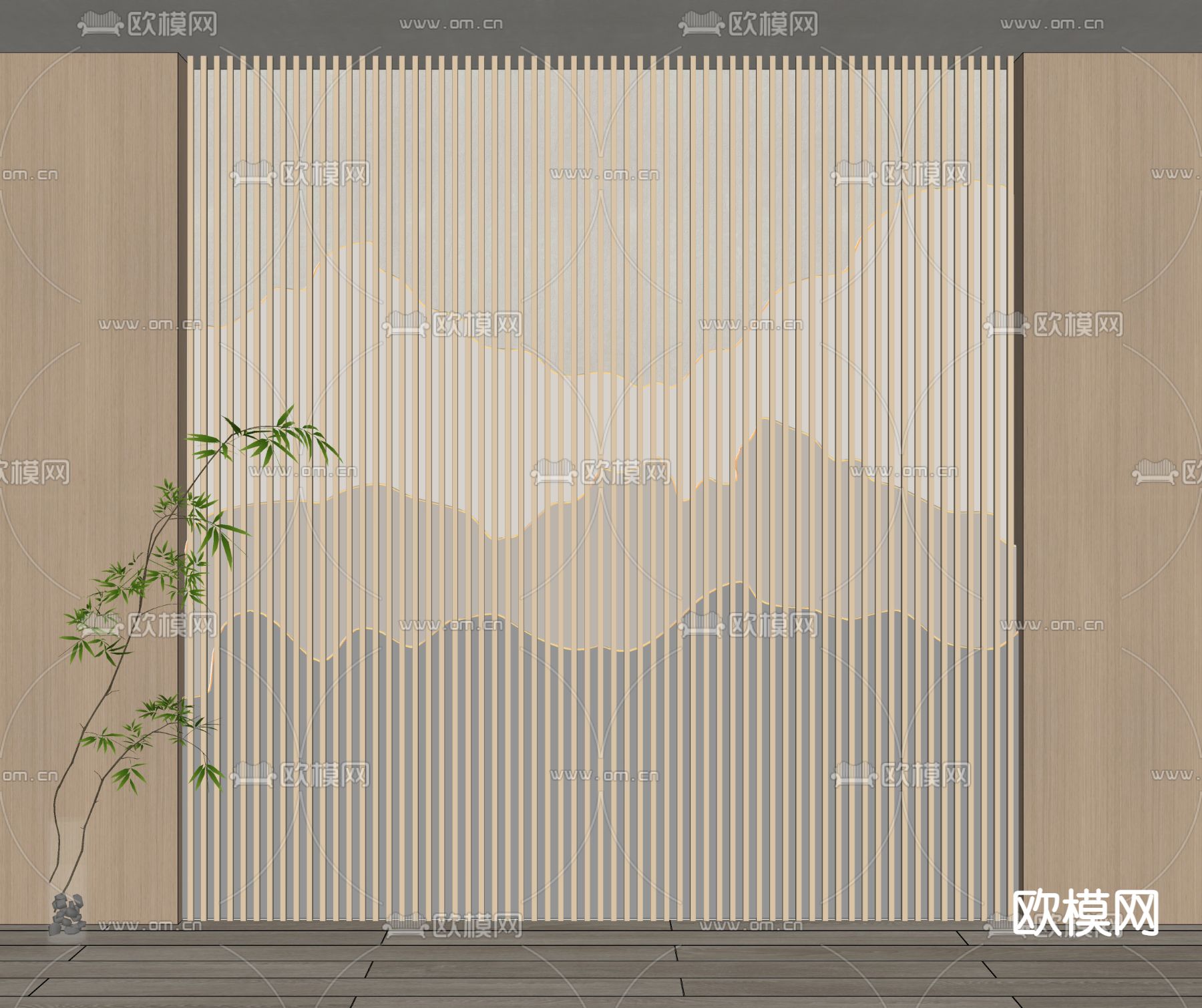 新中式格栅墙 背景墙su模型下载（渲染图2）