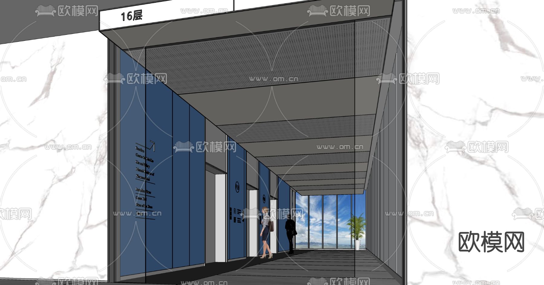 办公电梯厅su模型下载（渲染图2）