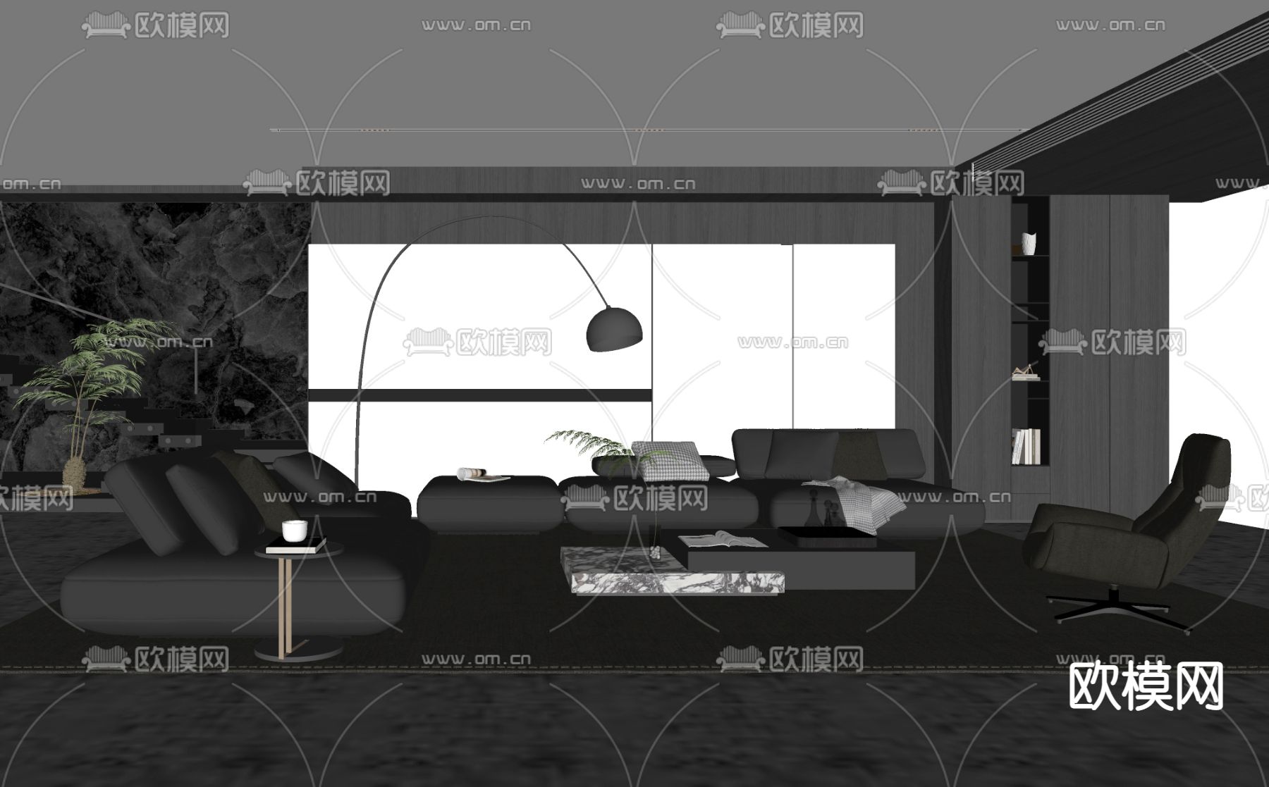 高级灰客厅su模型下载（渲染图2）