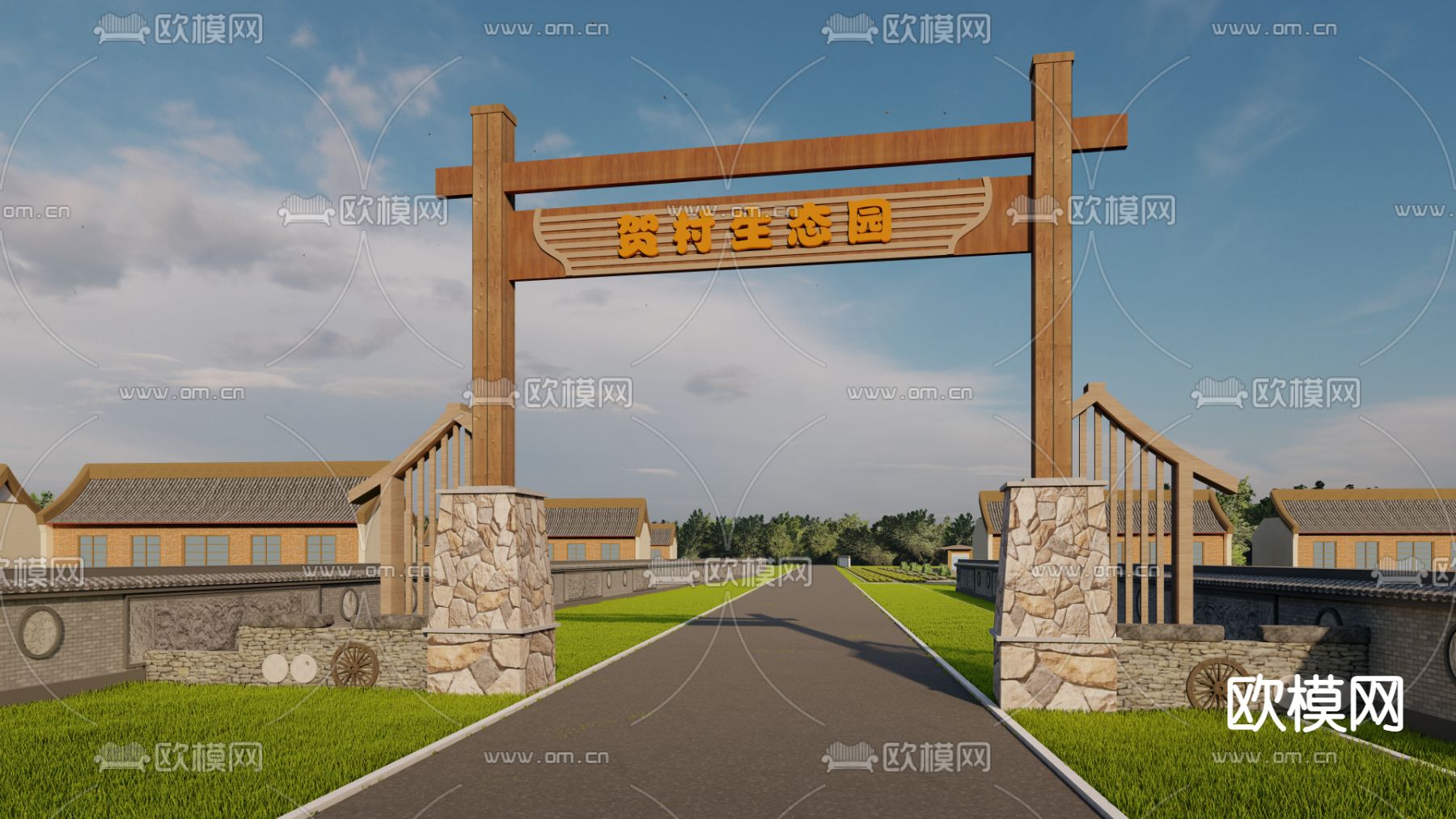 乡村景墙 大门牌坊su模型下载（渲染图2）