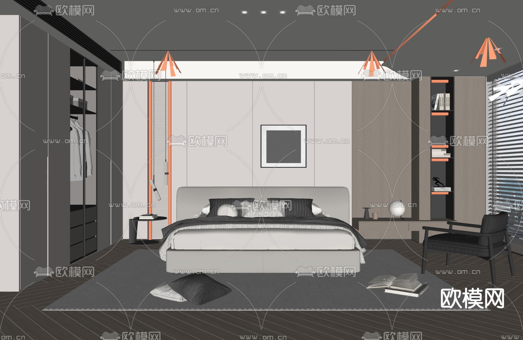 奶油风卧室 主人房su模型下载（渲染图2）
