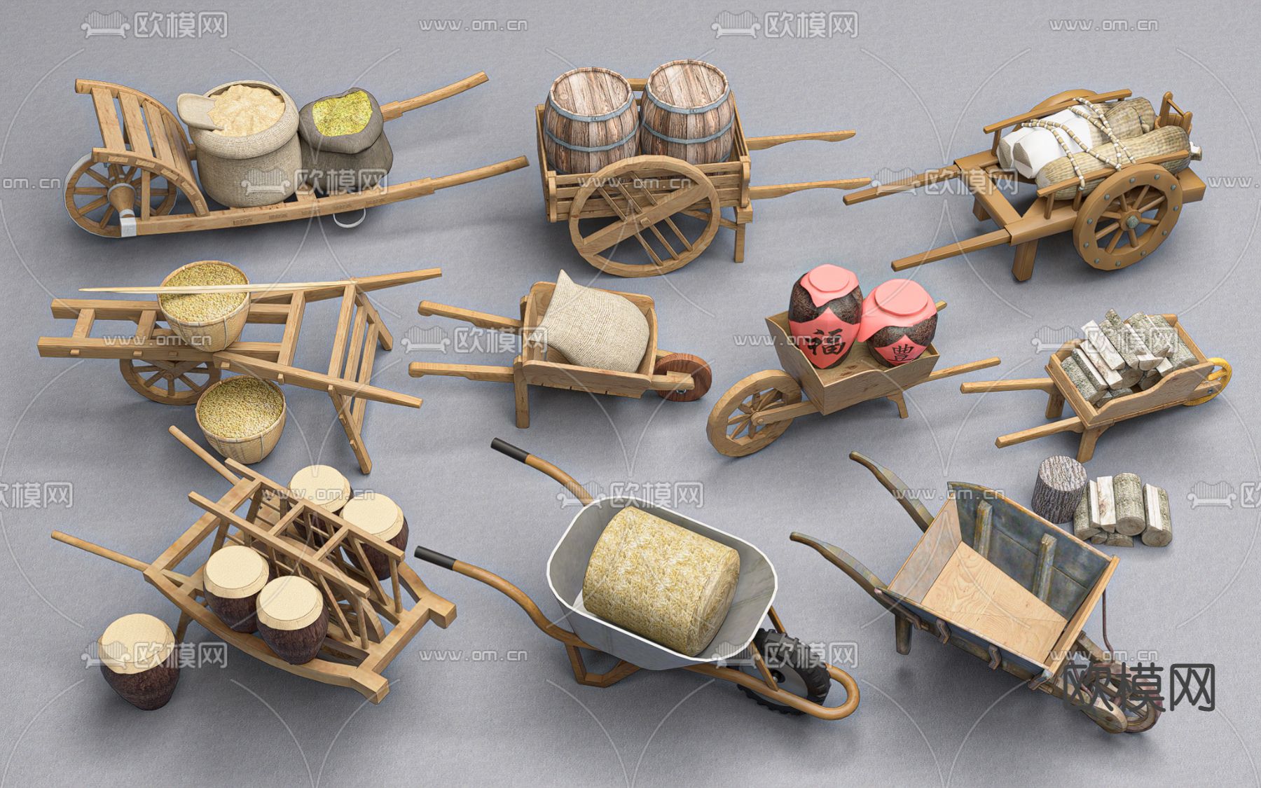 中式推车 农业生产 板车su模型下载（渲染图1）