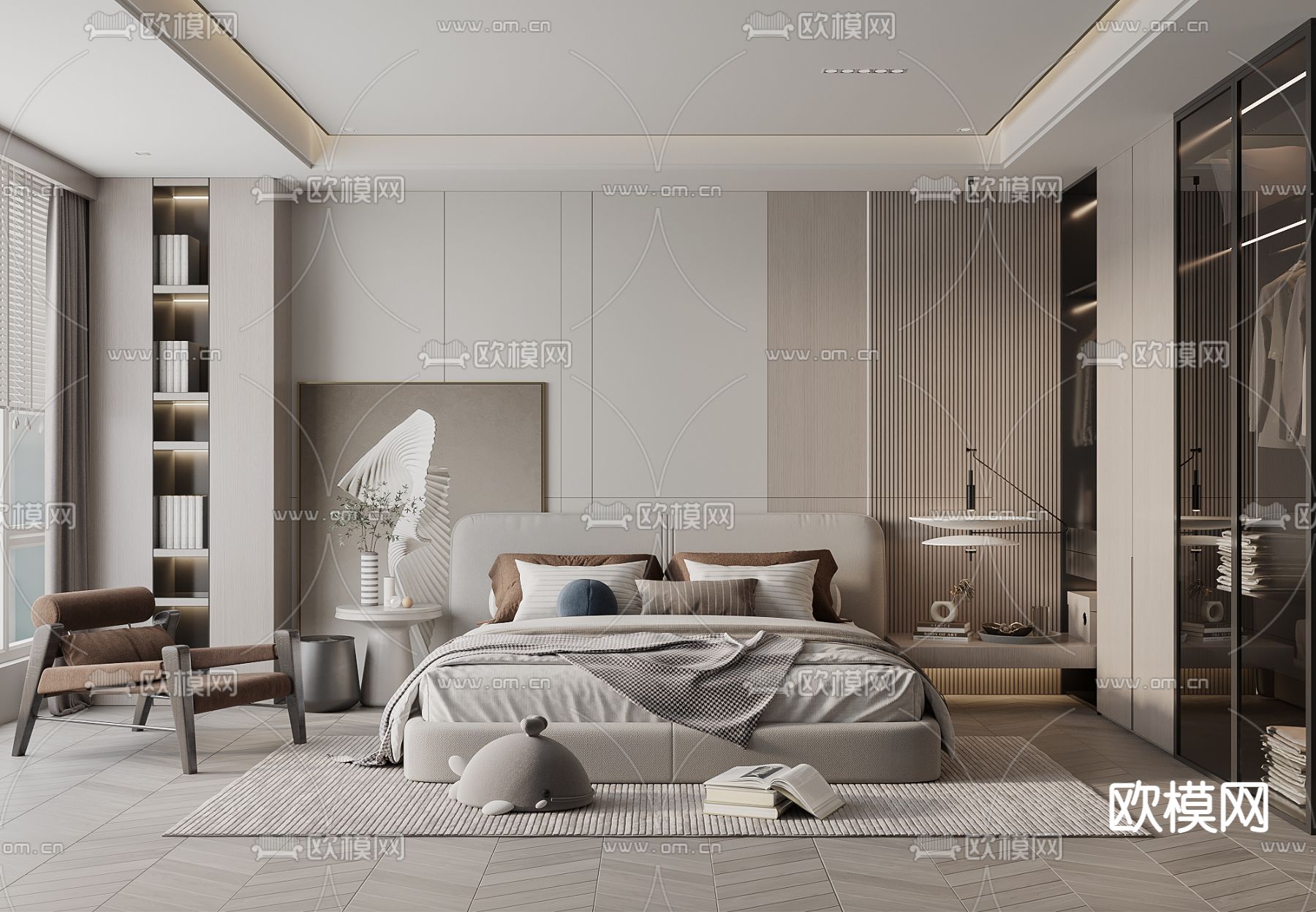 现代卧室 主卧3d模型下载（渲染图1）