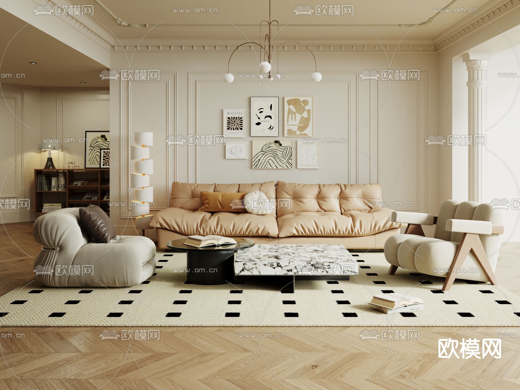 法式客厅su模型下载（渲染图1）