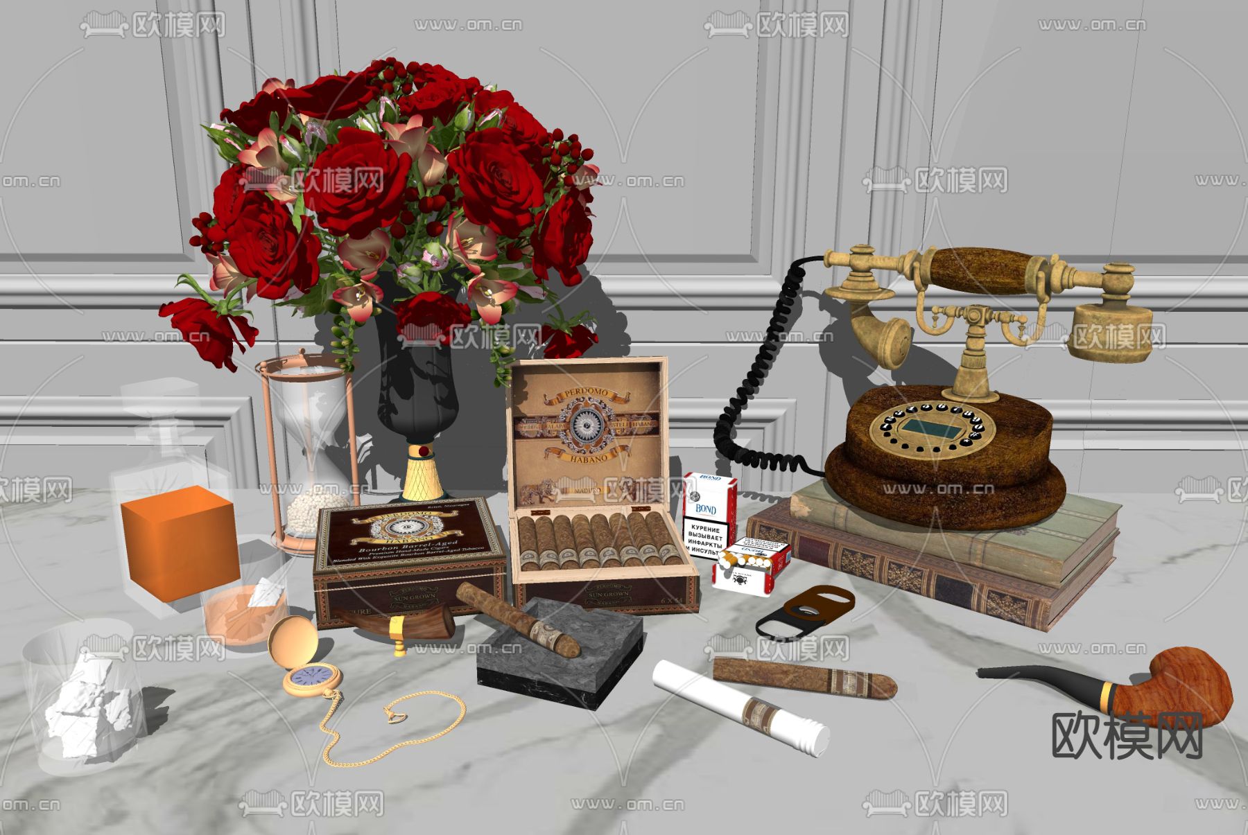 美式桌面摆件 花瓶 雪茄 电话su模型下载（渲染图2）