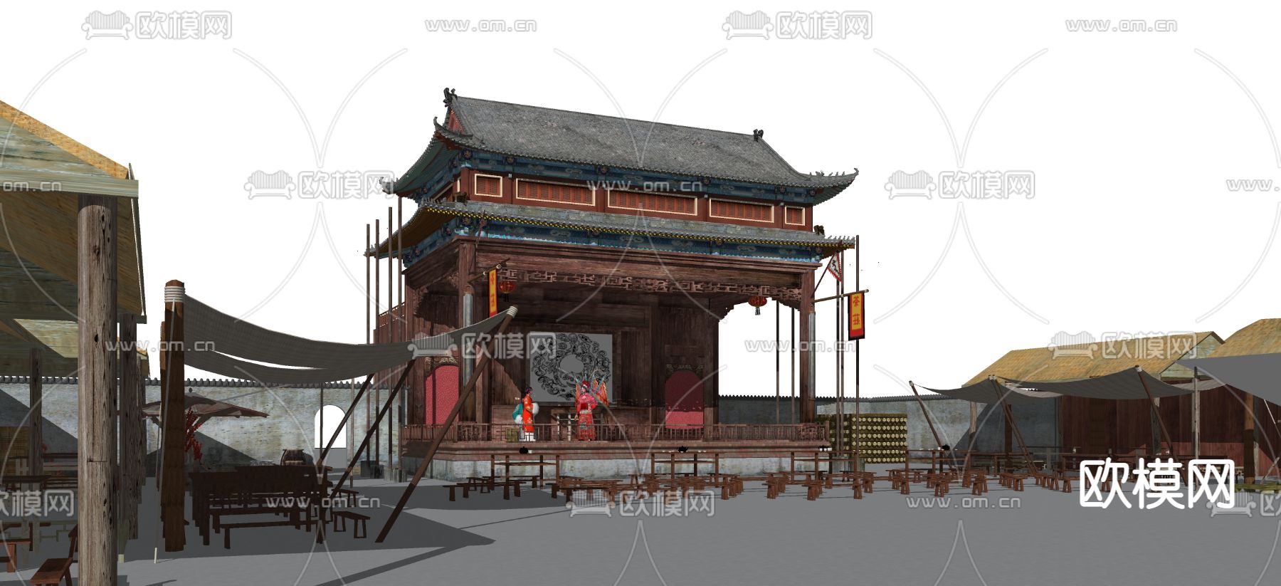 古建 戏园 戏台su模型下载（渲染图1）