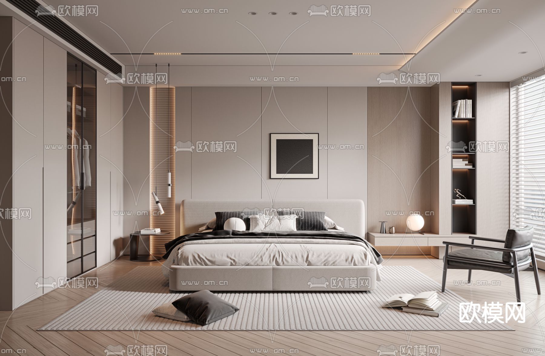 奶油风卧室 主人房su模型下载（渲染图1）