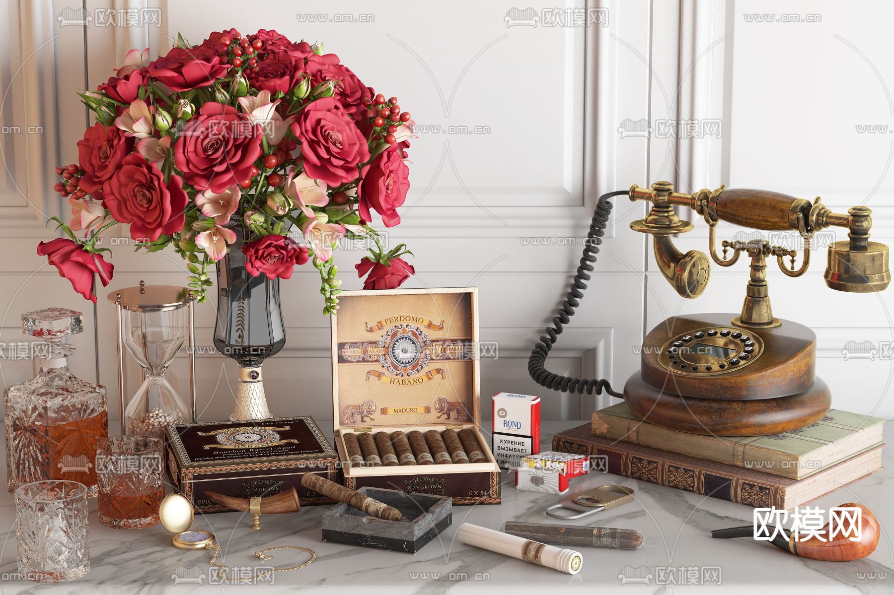 美式桌面摆件 花瓶 雪茄 电话su模型下载（渲染图1）