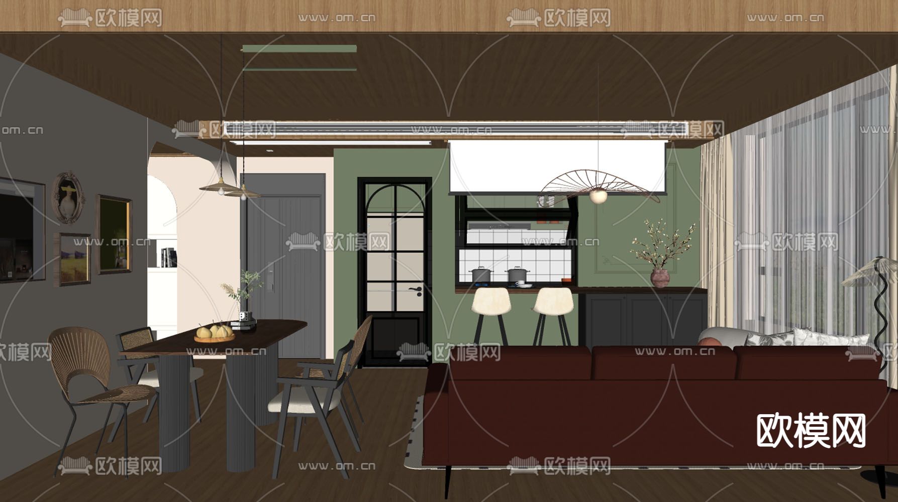 法式餐厅su模型下载（渲染图2）