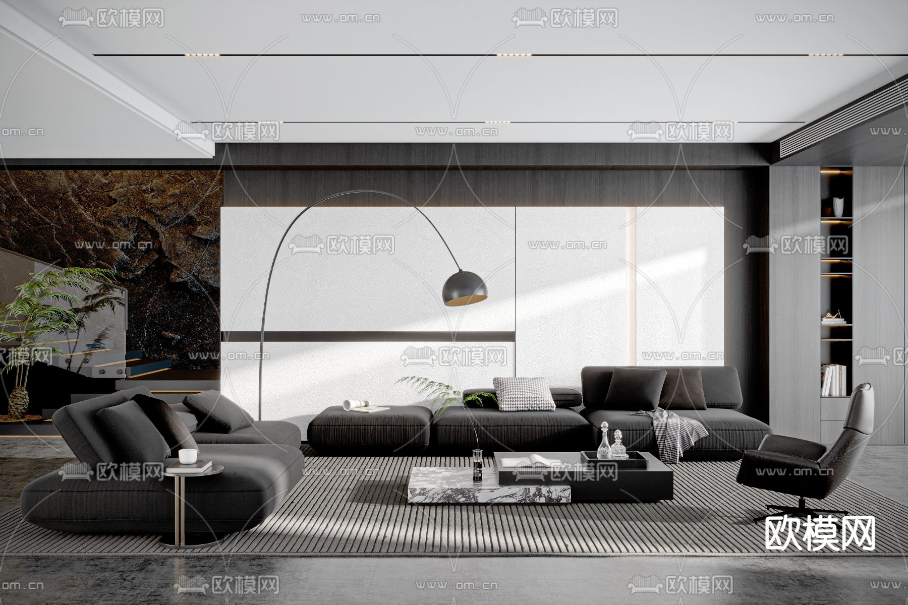 高级灰客厅su模型下载（渲染图1）