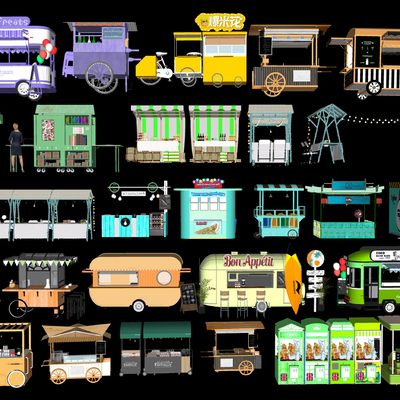  售卖亭 售卖车 网红快餐车 摊位车su模型 