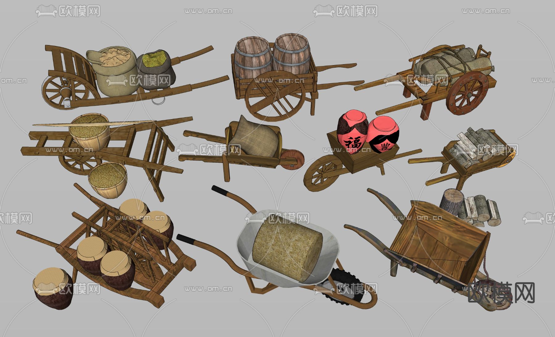 中式推车 农业生产 板车su模型下载（渲染图2）