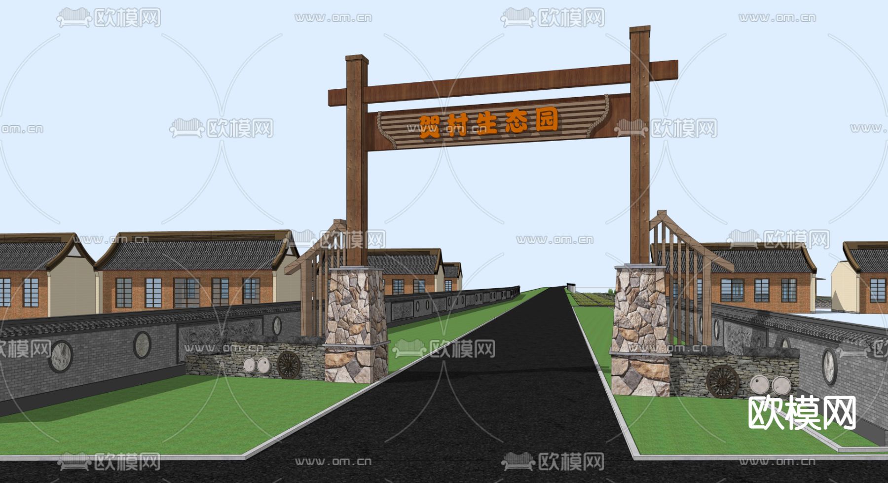 乡村景墙 大门牌坊su模型下载（渲染图3）