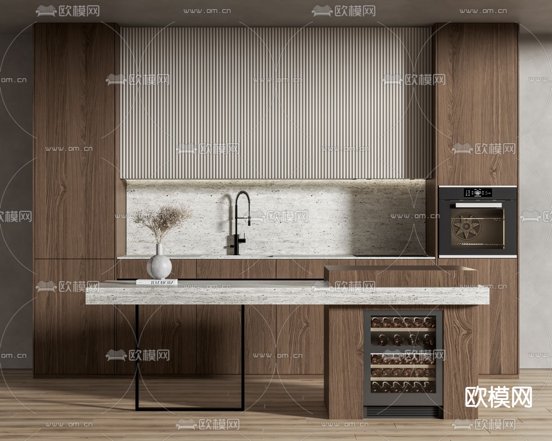 中岛厨房 橱柜su模型下载（渲染图1）