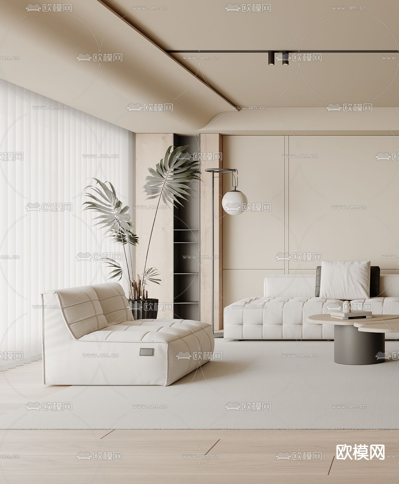 奶油风客厅3d模型下载（渲染图2）