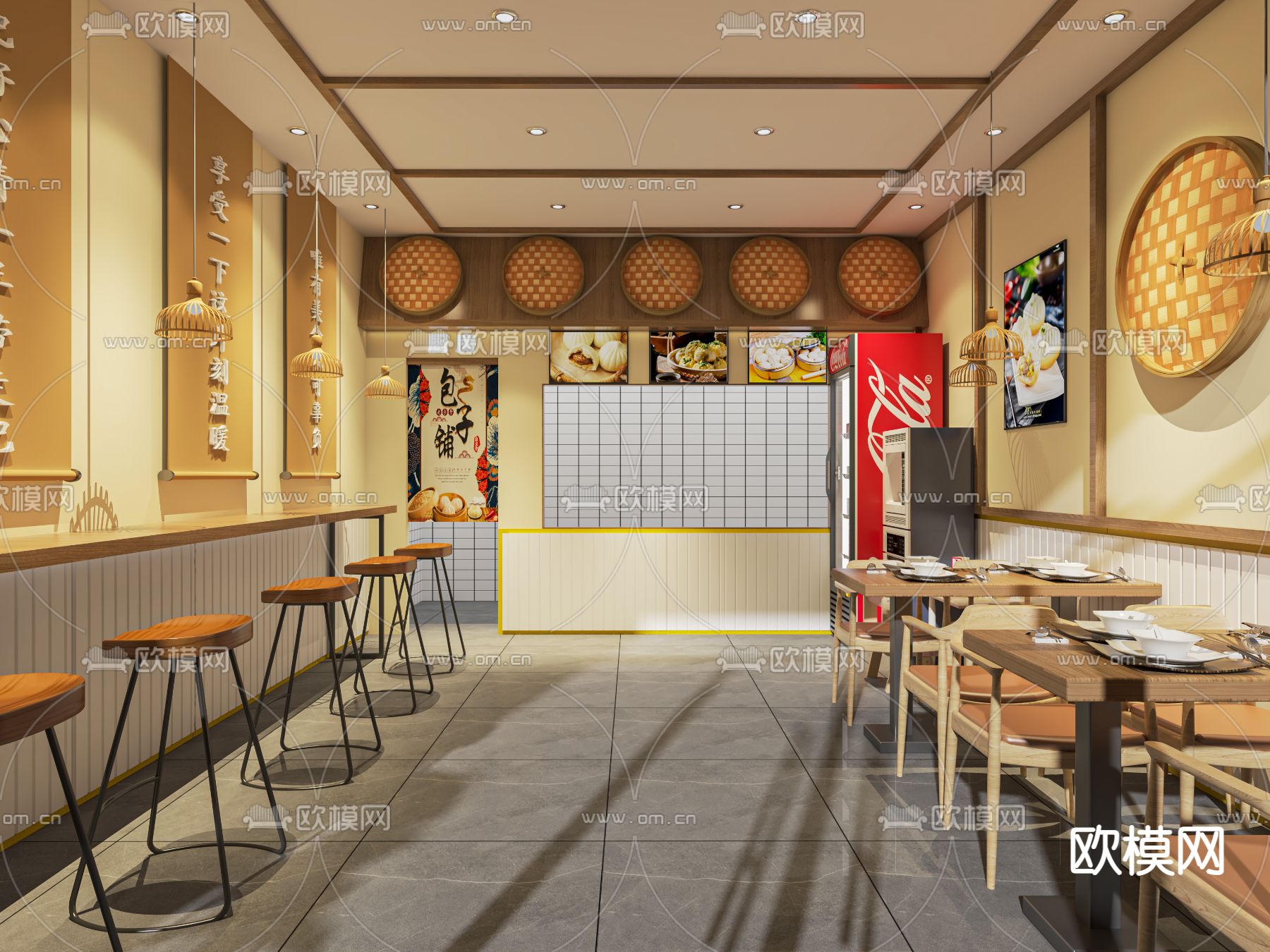 新中式包子铺 面包店su模型下载（渲染图1）