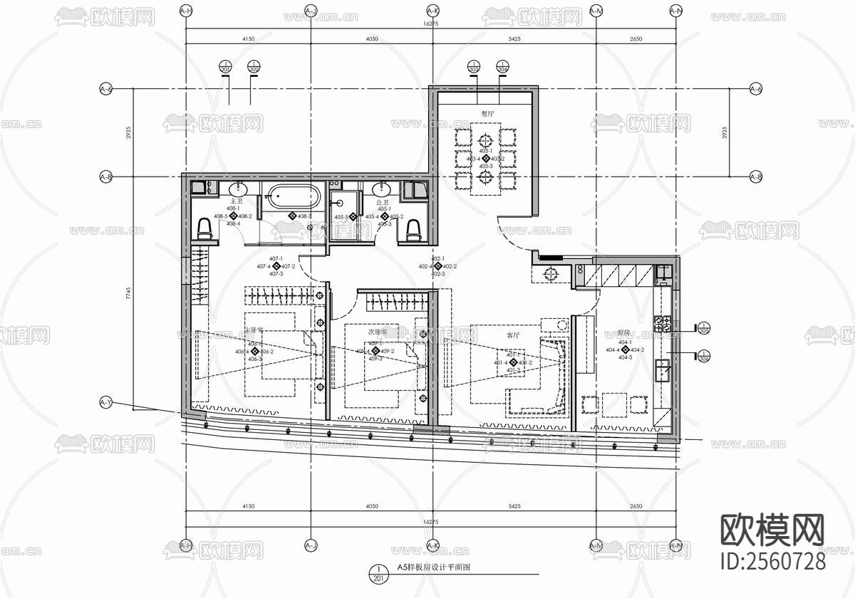 150㎡家装样板房CAD施工图下载（渲染图1）