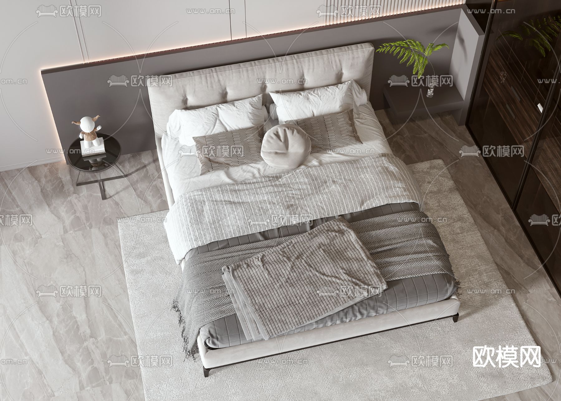 高级灰双人床3d模型下载（渲染图2）