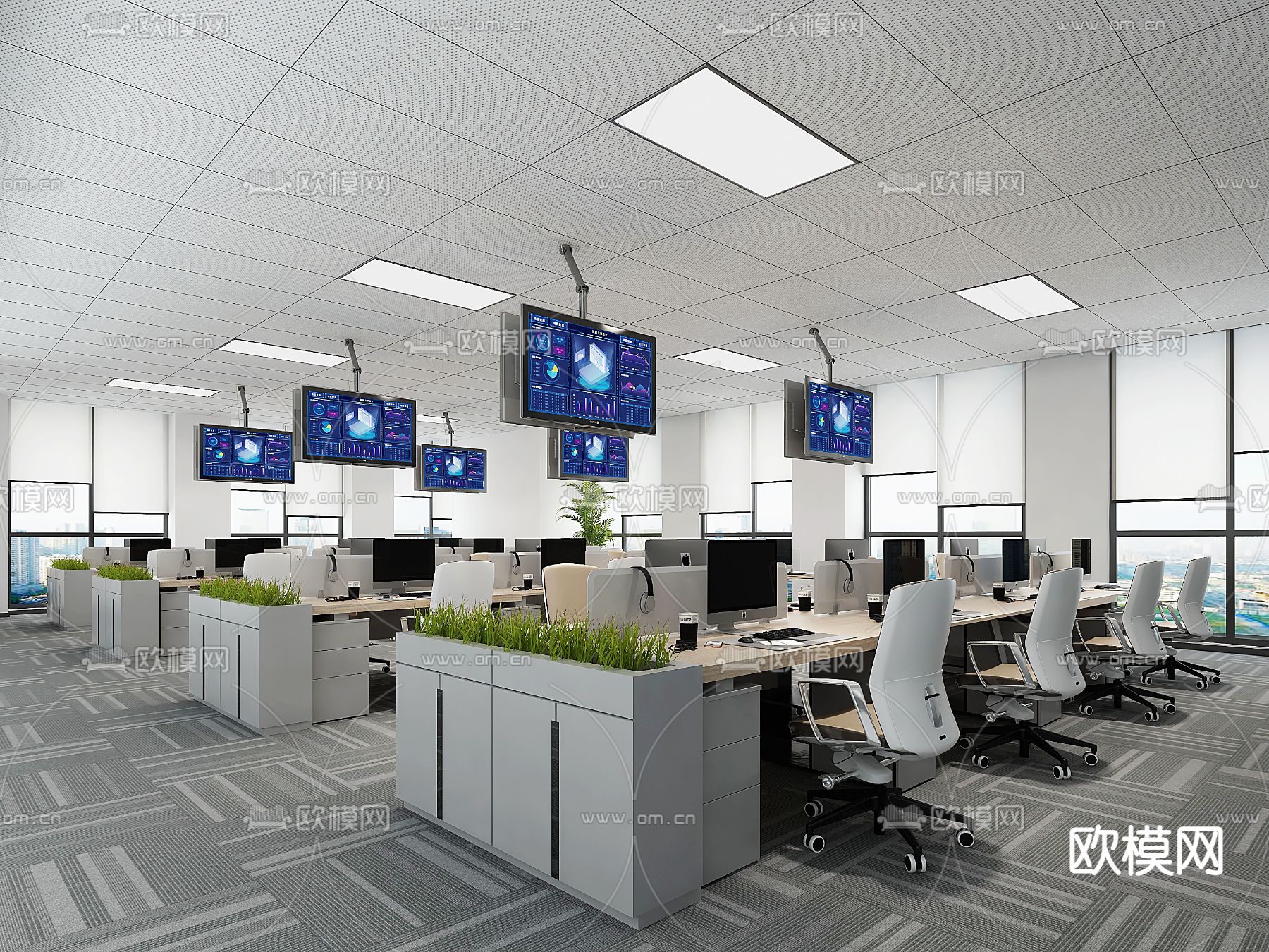 敞开式办公区 办公室su模型下载（渲染图1）