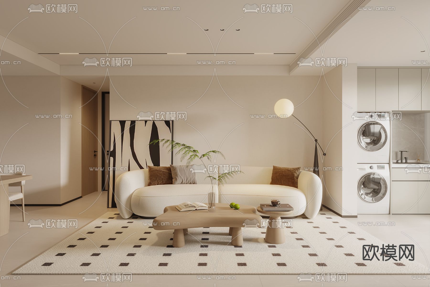 奶油风客厅su模型下载（渲染图1）