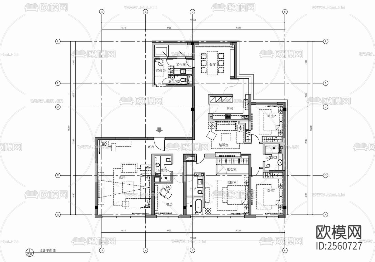 300㎡大平层豪宅样板房CAD施工图-免费3dmax模型库-欧模网