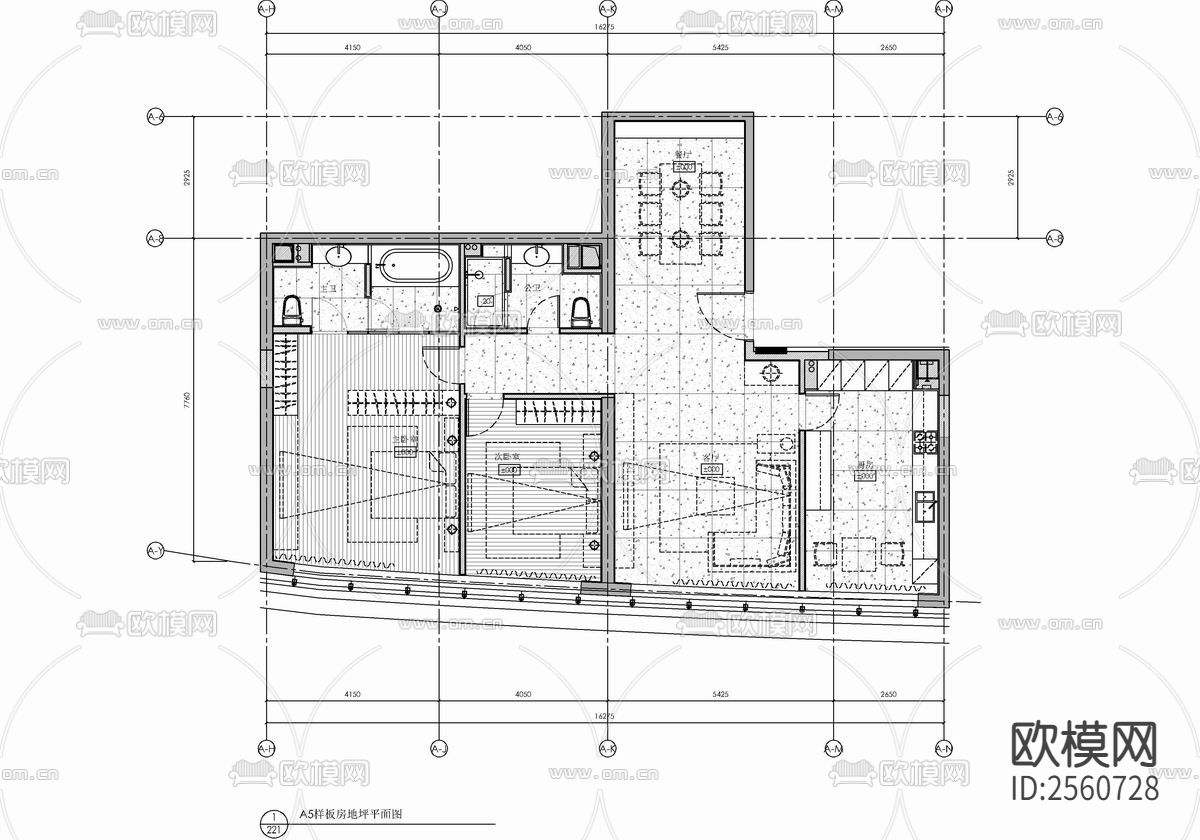 150㎡家装样板房CAD施工图下载（渲染图2）