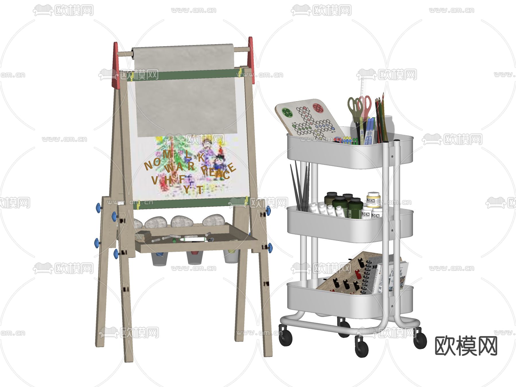 儿童画板 水粉颜料 蜡笔su模型下载（渲染图2）