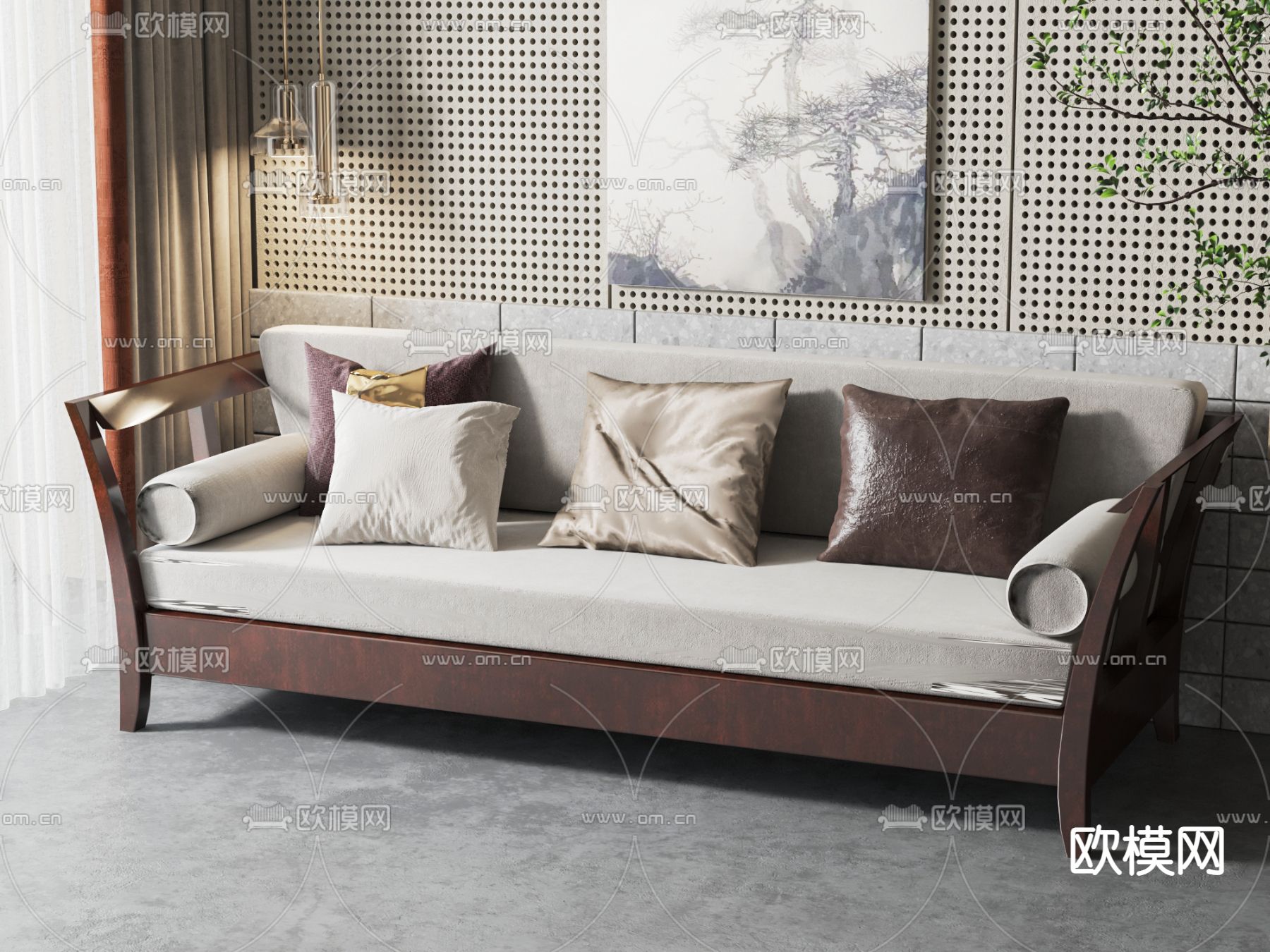 新中式多人沙发3d模型下载