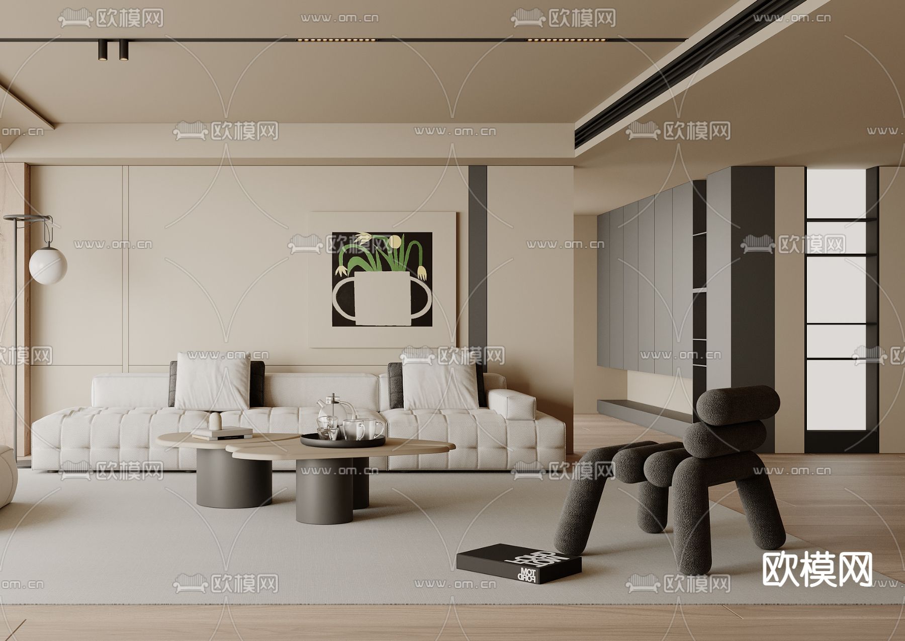 奶油风客厅3d模型下载（渲染图3）