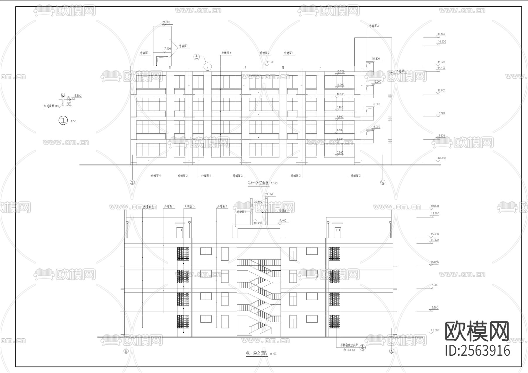 中学教学楼全套建筑CAD施工图下载（渲染图5）