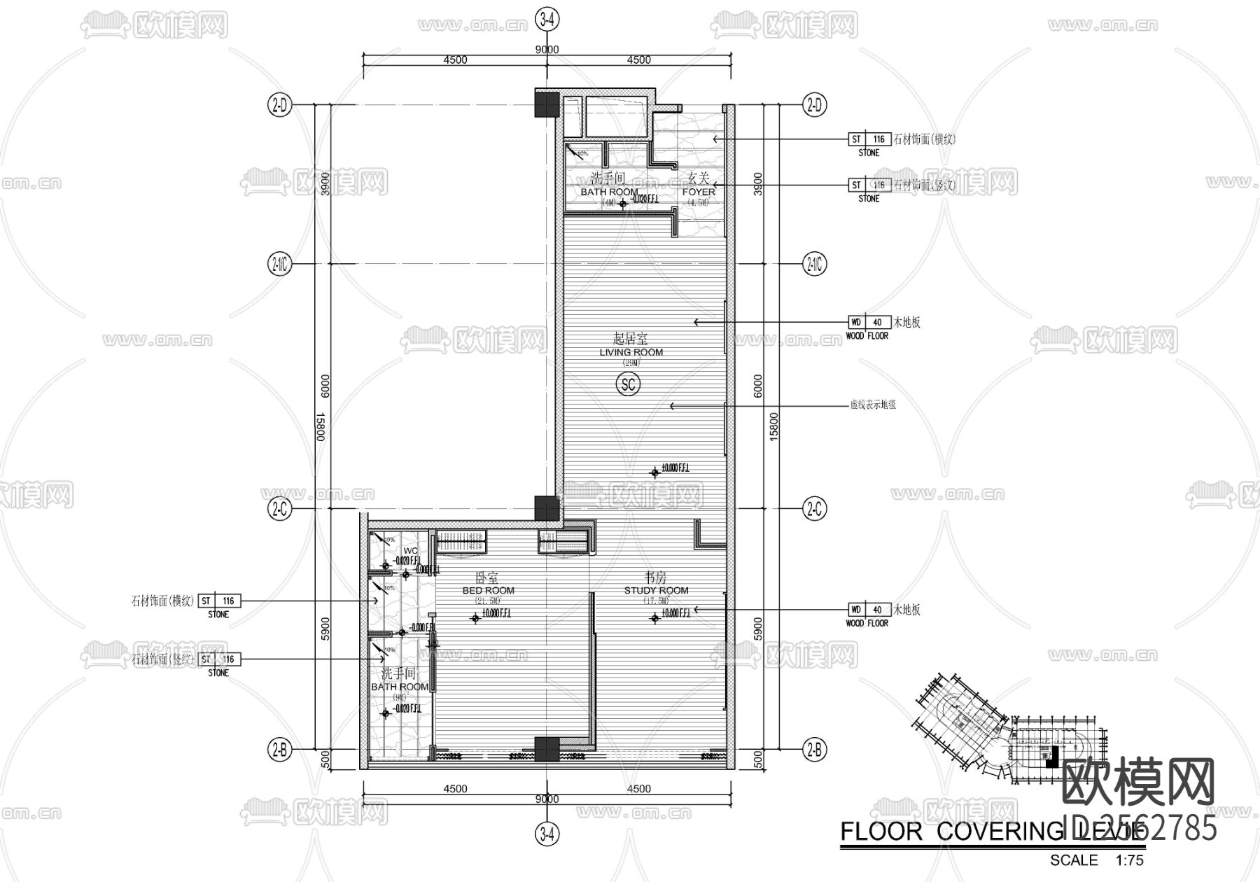 酒店客房cad平面图下载（渲染图4）