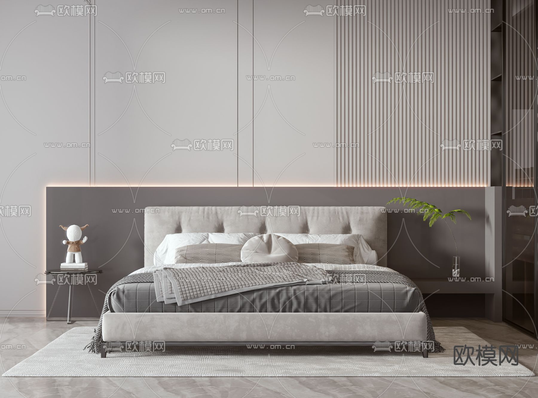 高级灰双人床3d模型下载（渲染图1）