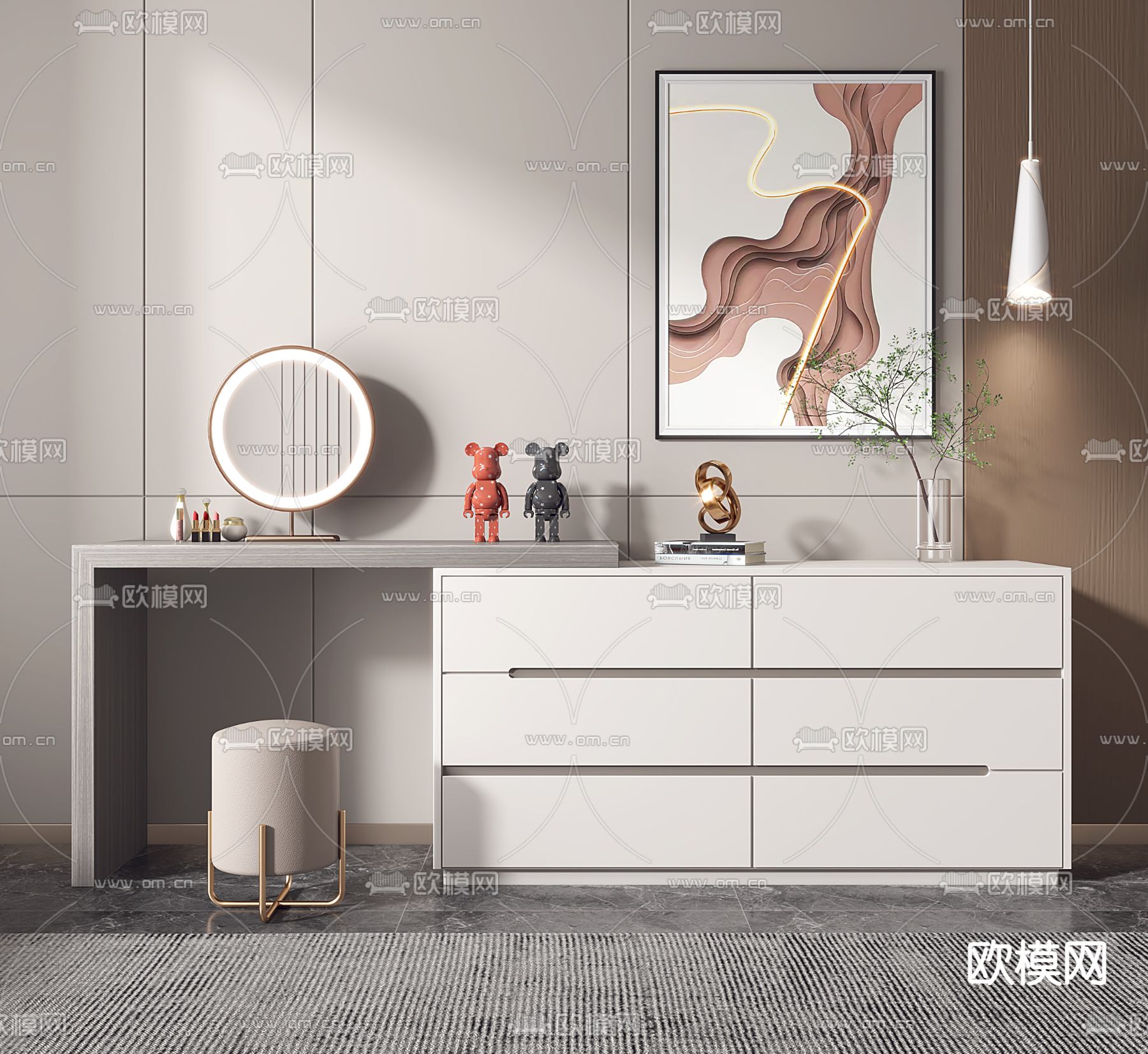 奶油风梳妆台3d模型下载