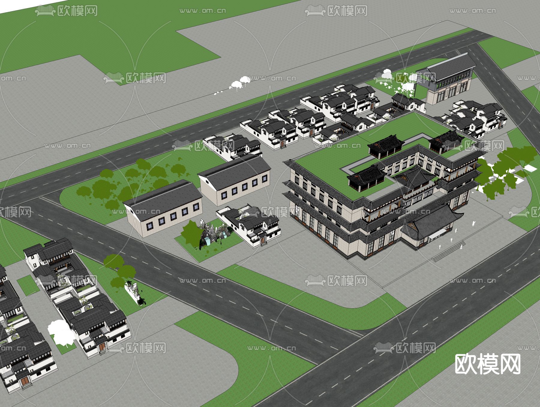 中式酒店外观su模型下载（渲染图4）