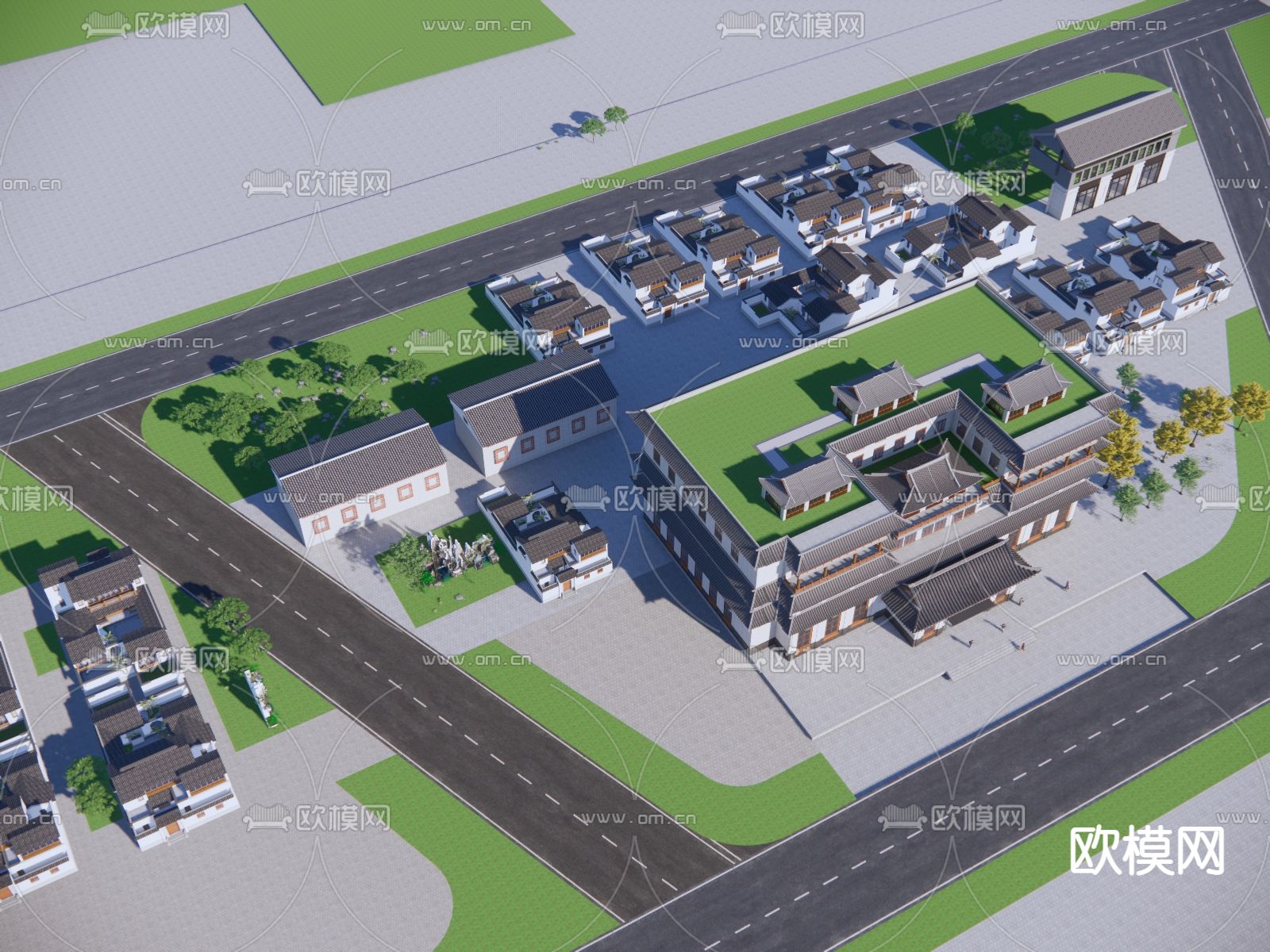 中式酒店外观su模型下载（渲染图3）