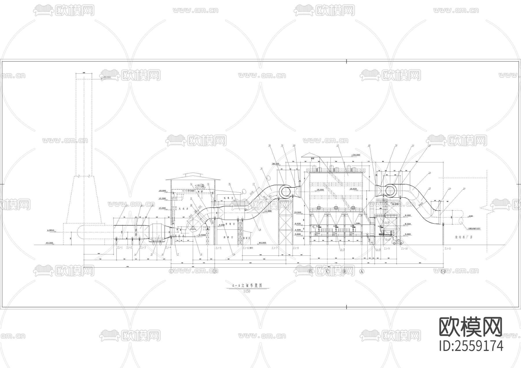 钢铁厂烧结机除尘系统CAD施工图下载（渲染图2）